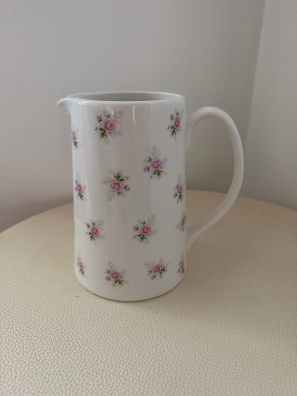 White Porcelain Pitcher with Pink Rose Pattern